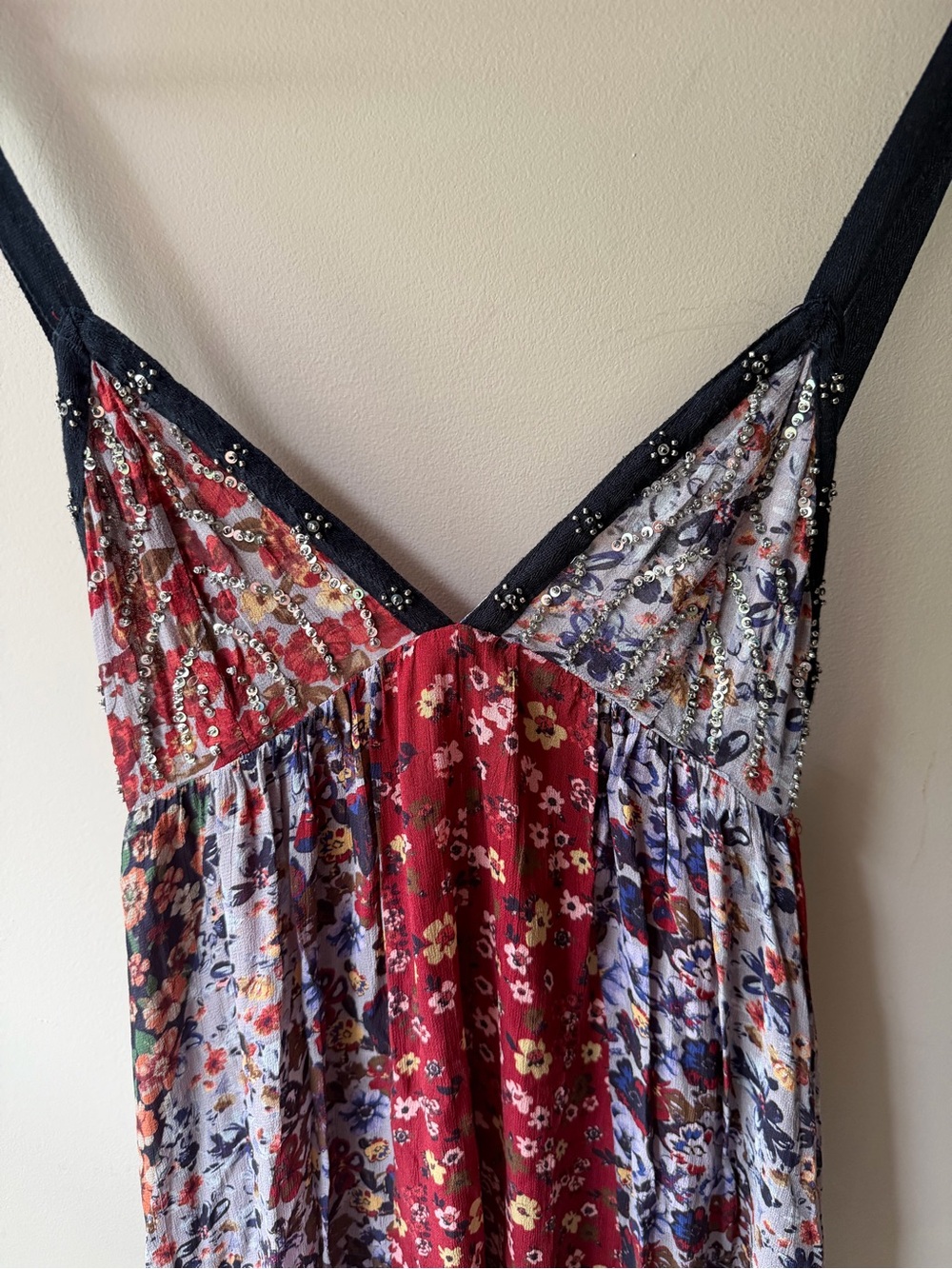 Zara ZW Collection Print Dress Bead Embellishments V Neck Flowy Patchwork XS - Picture 5 of 6
